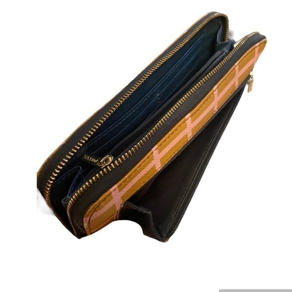 FOSSIL YELLOW & PINK PLAID ZIP UP WALLET - Picture 2 of 6